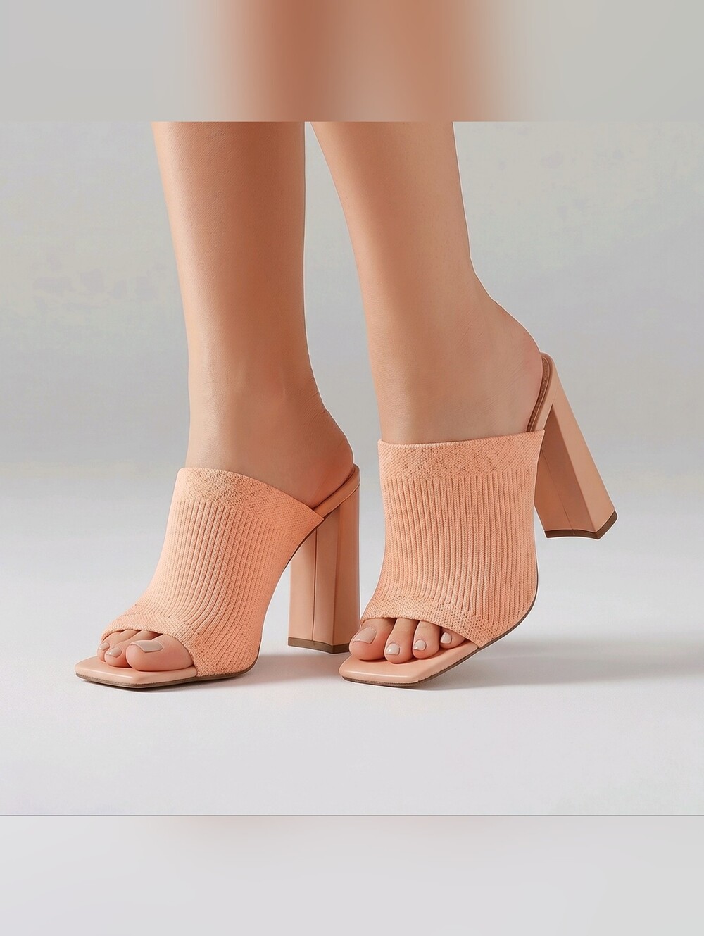 CAPE ROBBIN - Peach Knit Open-Toe Block Heel Mule Sandal